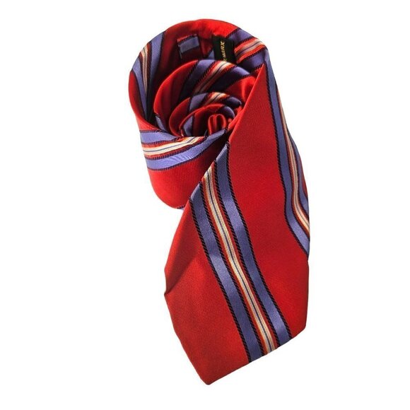 Hart Schaffner Marx Handmade Silk Tie Red Violet Navy Yellow Angular Stripe 3.5" - Picture 3 of 5